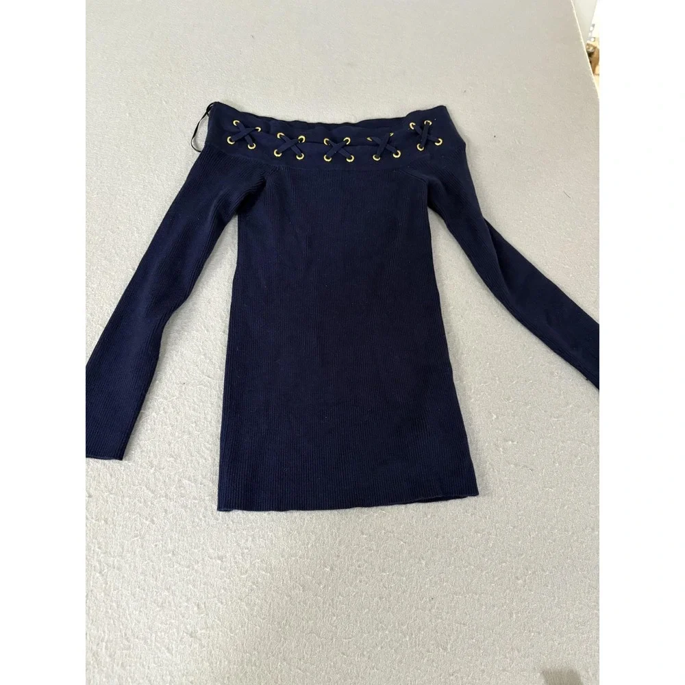 Michael Michael Kors Sweater Womens Small Navy Off Shoulder Lace Up Ribbed Knit